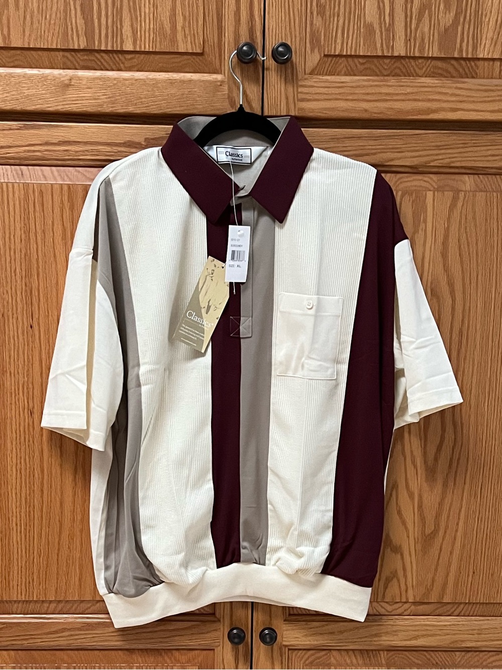 Classics By Palmland Short-Sleeve Striped Polo Shirt in Cream, Taupe & Burgundy